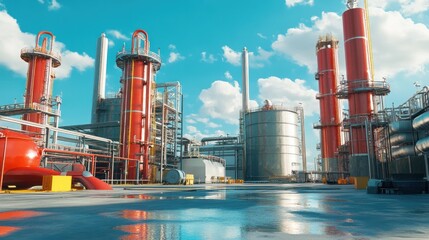 Obraz premium Industrial refinery complex with red towers and storage tanks under a bright sky.