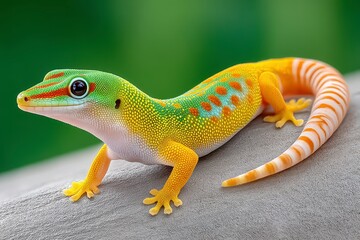 Fototapeta premium Green and Yellow Gecko on Wet Tree Bark After Summer Rain