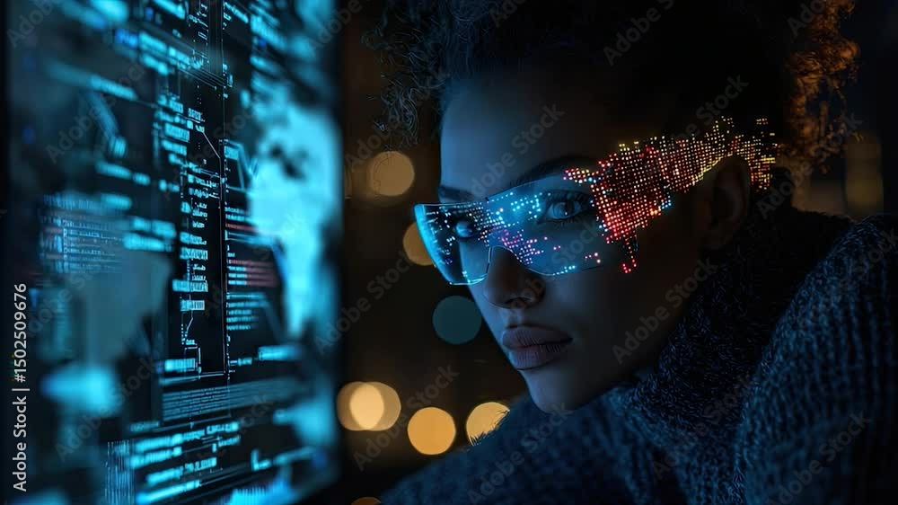 Poster person looking at computer screen with augmented reality glasses.