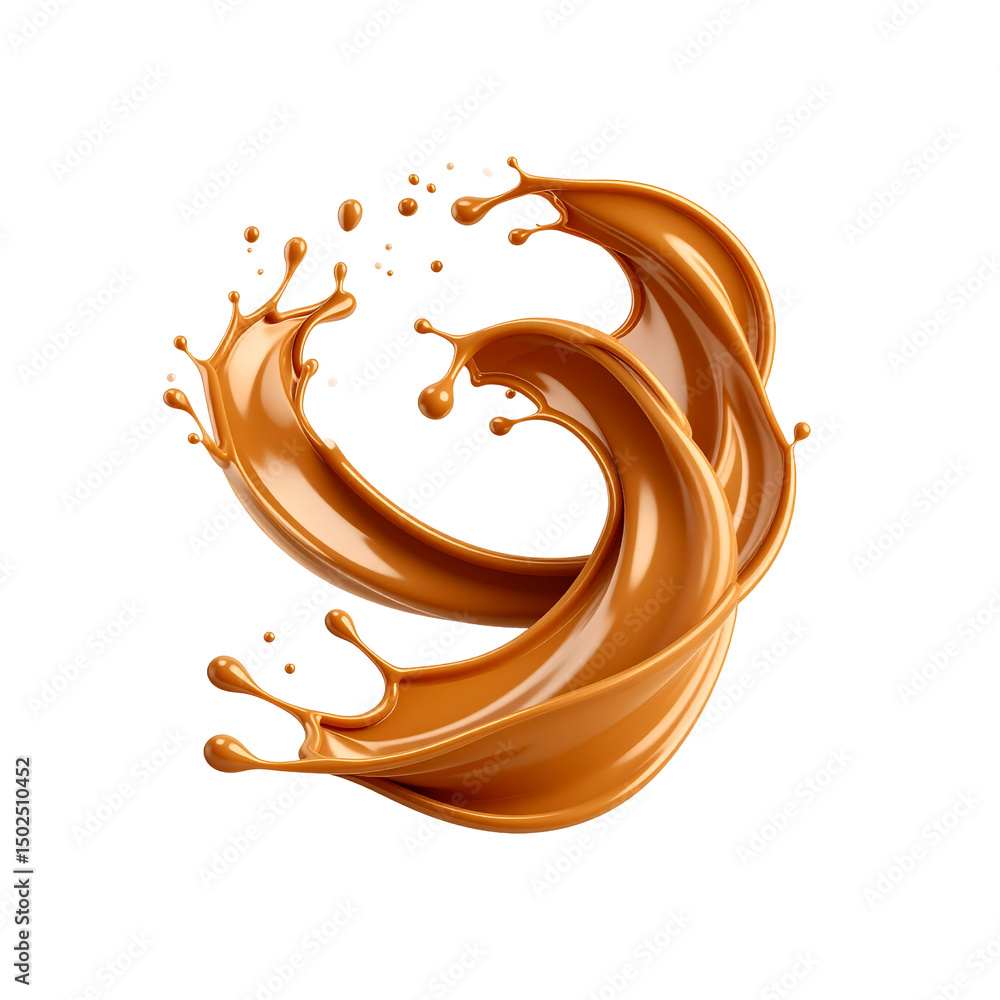 Poster delicious caramel swirl splash liquid dynamic flow 3d on transparent background