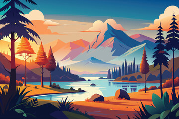 Scenic mountain landscape with lake, trees, and colorful sky view