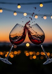 Red wine cheers celebrate sunset, a festive toast to a beautiful evening together