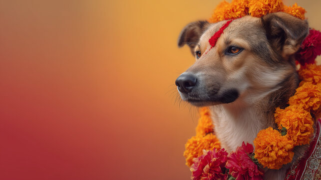 Festival Tihar, Dog adorned with marigold garland and red tika during Kukur Tihar, vibrant background, gradient