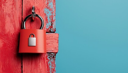Red Padlock on a Weathered Red Wooden Door Against a Blue Background