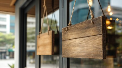 Empty wooden signs hanging from a storefront