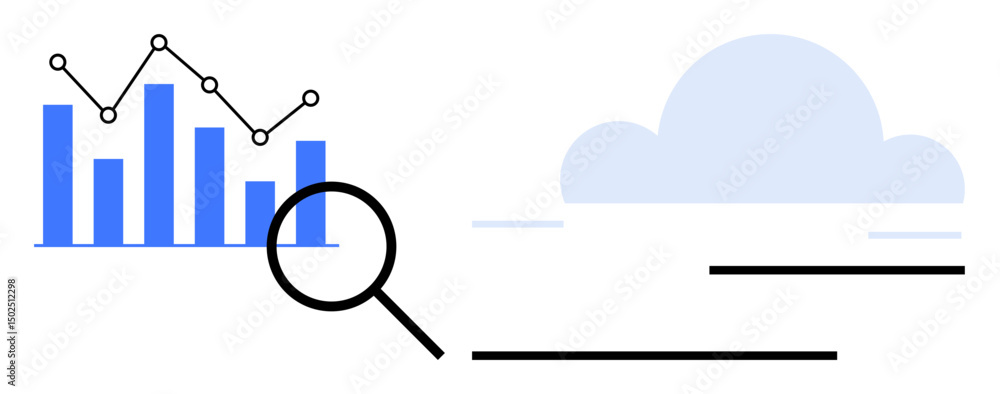Poster bar and line graph with magnifier emphasizing analysis alongside a cloud, symbolizing digital storag