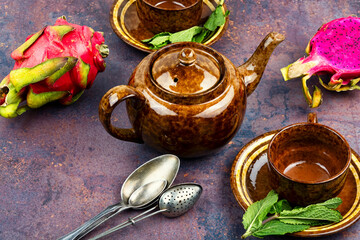 Vibrant arrangement of dragon fruit tea.