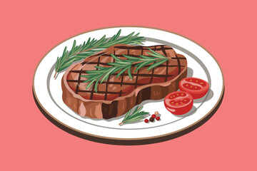 Grilled Beef Steak Illustration Design Vector, beef meats , Pepper and spices, garlic, onion and tomatoes vector illustration set. Steak and herb ingredient, food for barbecue, tomato and meat