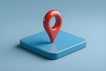 3D Red Location Pin on Light Blue Square Minimal Background