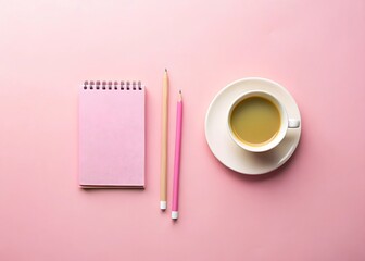 Pink Pastel Workspace Flatlay with Coffee Cup and Pencil