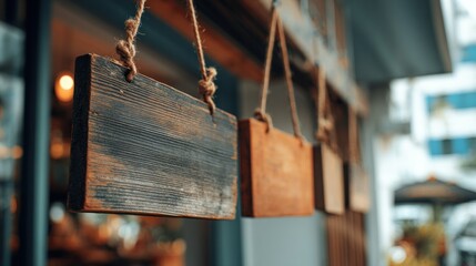 Wooden signage hanging from ropes