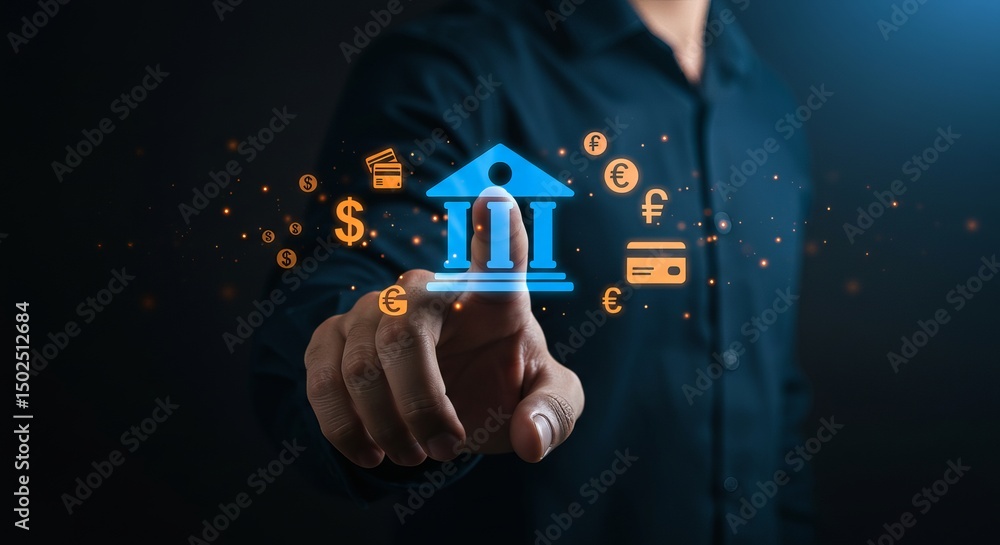 Poster man pointing at digital bank icon with currency symbols floating around on a dark background scene