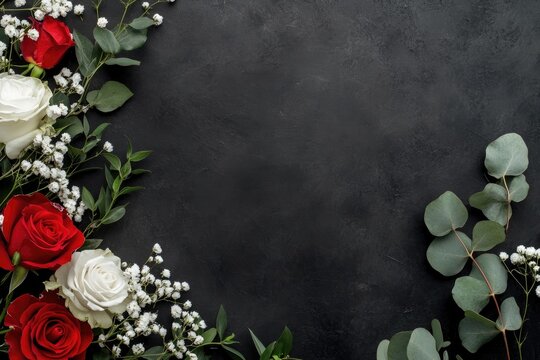 Red and white roses, greenery, and filler flowers arranged in a border on a dark background