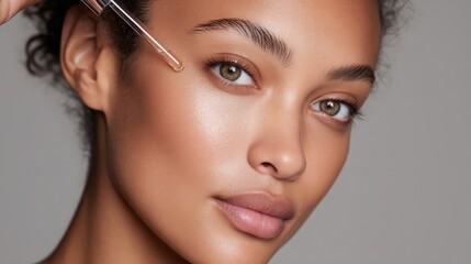 A closeup of a woman applying facial serum with soft light highlighting flawless skin, captured for beauty product ads, skincare tutorials, and wellness branding in natural studio setting.