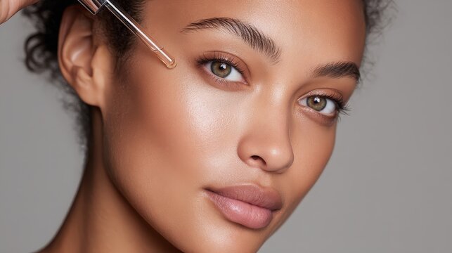 A closeup of a woman applying facial serum with soft light highlighting flawless skin, captured for beauty product ads, skincare tutorials, and wellness branding in natural studio setting.