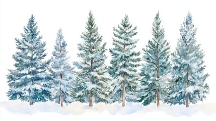 Fototapeta premium Winter Wonderland Watercolor Illustration: Snowy Coniferous Forest and Fir Trees on White Background