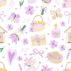 Botanical Spring Seamless Pattern, Butterfly, Basket, Lavender, Floral Cottagecore Design
