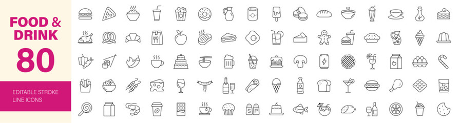 Food and drink icon set. Containing meal, restaurant, fast food, beverage, vegetables, fruits, desserts, meat, fish, coffee, cocktail and more. Editable line icons. Vector illustration.