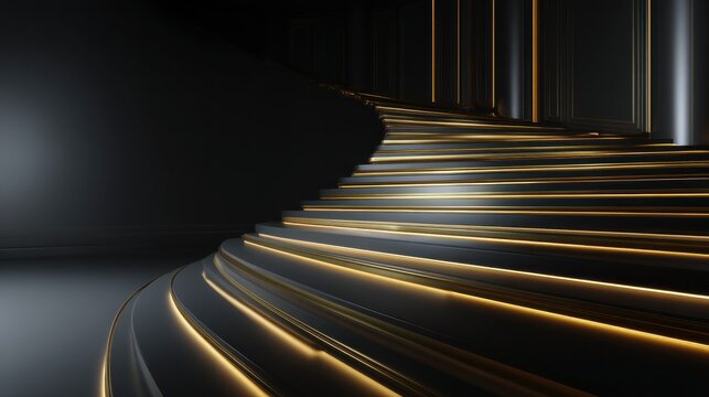 Modern, glowing, curved staircase in a dark, elegant space