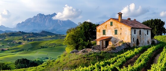 Fototapeta premium Rustic Farmhouse Amidst Rolling Green Hills and Vineyards Under Bright Sunlight