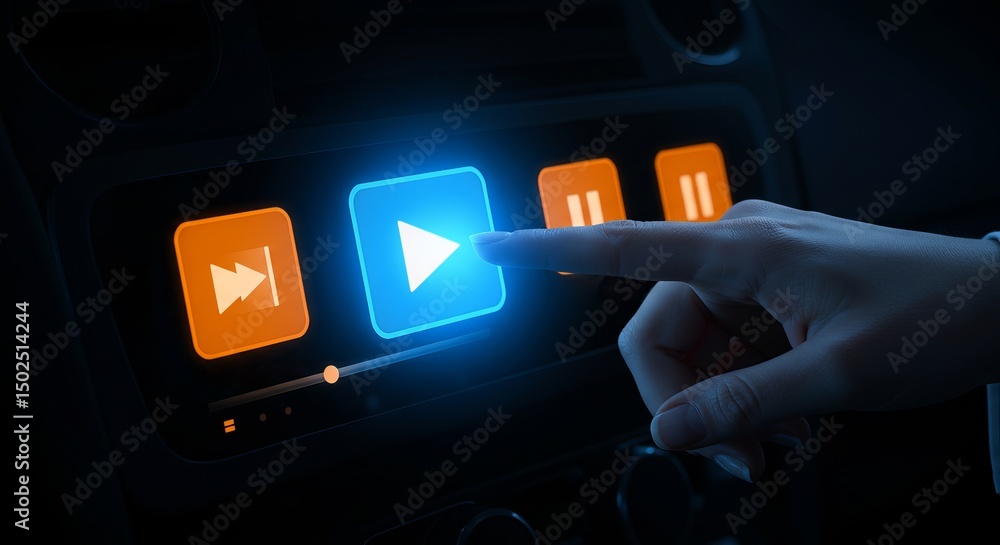 Poster finger touching glowing blue play button on a digital interface with forward and pause icons shown t