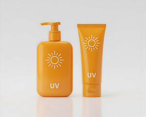 Orange Sunscreen Bottles with Sun Icon and UV Label on White Background