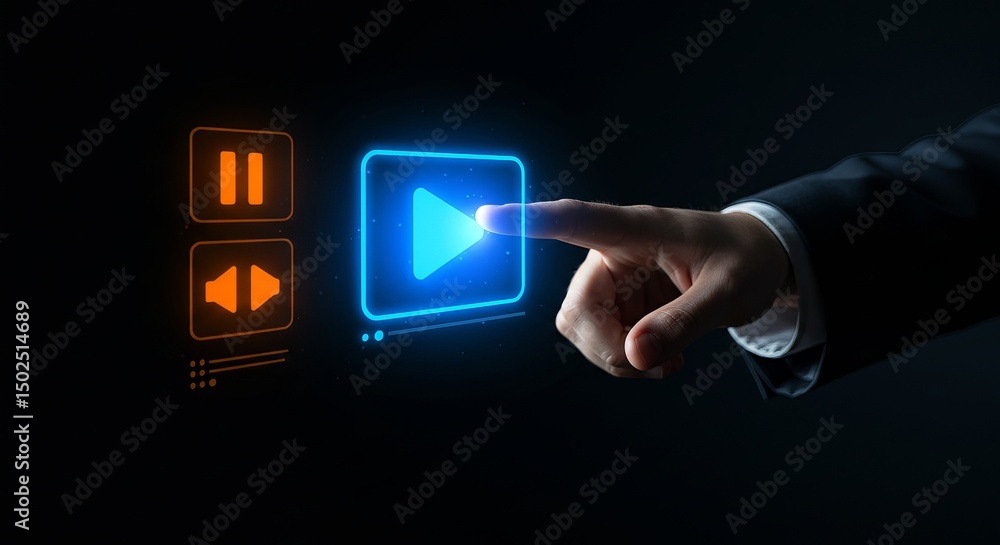 Poster a finger pressing a blue glowing play button with pause and volume icons on a dark background