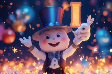 Magical cartoon magician with rabbit and glowing letter I show AI generated
