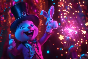 Magical cartoon magician with rabbit and glowing letter I show AI generated
