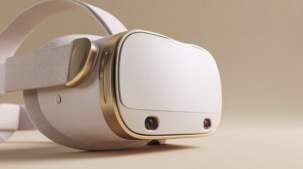 Modern VR headset, light beige color, gold accents