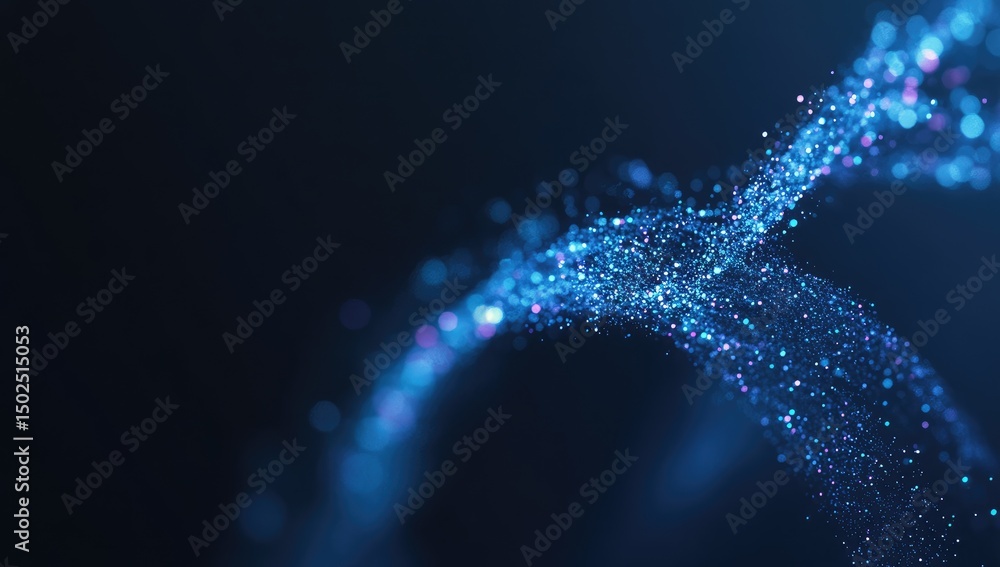 Poster abstract swirling particles in deep blue. a dynamic, glowing stream of dots