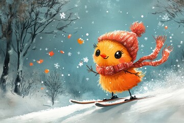 Adorable cartoon winter birds skiing through snow-covered landscape AI generated