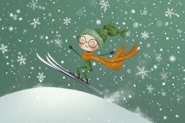Cute cartoon skier child jumping with joy in snowfall AI generated