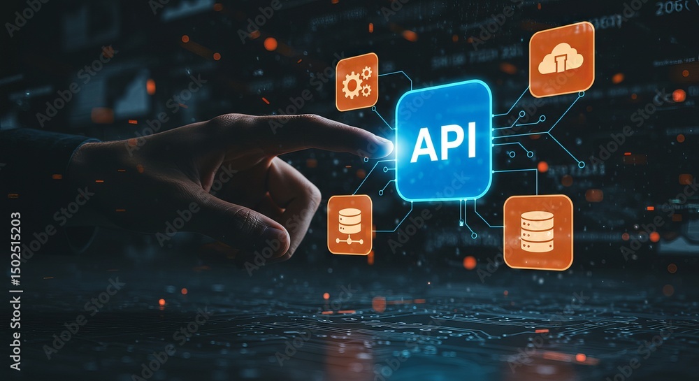 Poster a finger touches a blue api button surrounded by cloud, gear, and database icons on a dark backgroun