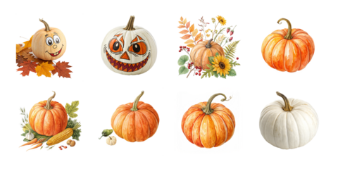 Pumpkin Watercolor Painting on white ,Golden Pumpkins Seamless Pattern. Repeating faux metallic gold foil pattern design for Harvest festival or Thanksgiving day. Elegant autumn background. Hand draw
