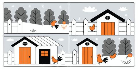 Cute farmyard illustration with chickens houses trees and snow on a white background © Muhammad