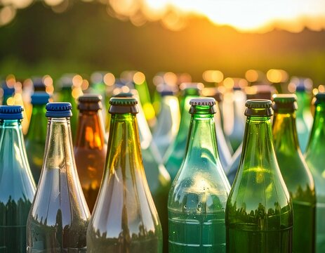 Assorted glass bottles with metal caps in a field at sunset creating a colorful and shiny display
