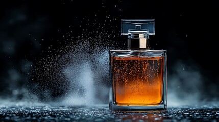 Amber Perfume Bottle with Mist Spray Effect on Dark Background
