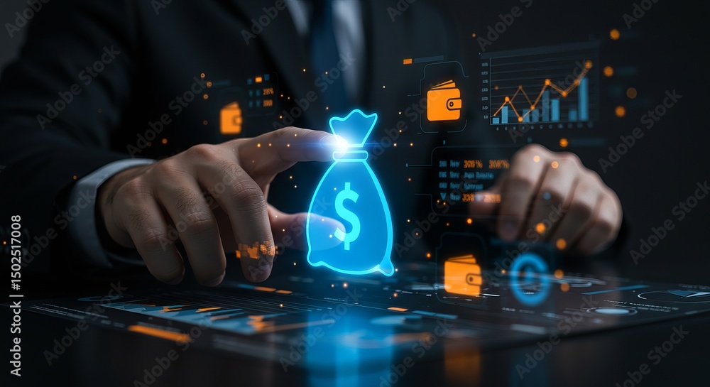 Poster a man interacting with a digital interface displaying a money bag and financial data visuals