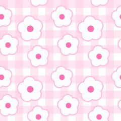 Seamless pink gingham pattern with simple white flowers and pink centers. Cute and soft design perfect for baby products, fabric, wallpapers, and feminine-themed projects.