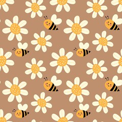 Cute seamless pattern with smiling bees and daisies on a brown background. Perfect for kids’ fabric, wrapping paper, nursery decor, and spring-themed designs.