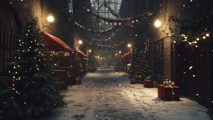 Snowy, festive alleyway lined with Christmas market stalls