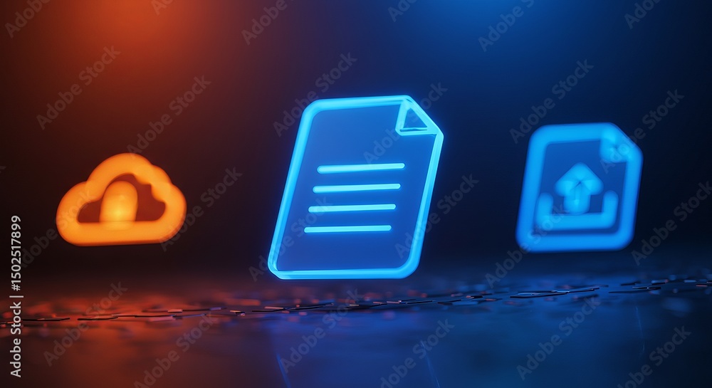 Poster glowing cloud document and upload icons against a dark background with an orange and blue gradient