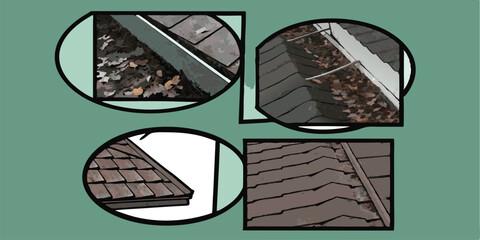 Detailed roofing elements illustrative design featuring multiple roof and gutter perspectives