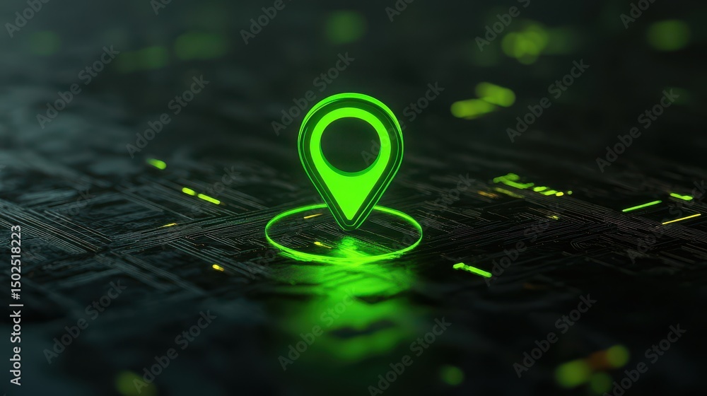 Poster vibrant neon navigation pin: futuristic green icon illuminating a high-tech dark floor in 3d render