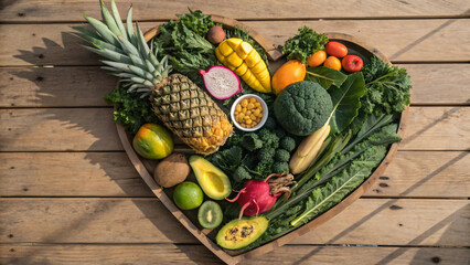 fresh heart-shaped fruits and vegetables on a wooden table