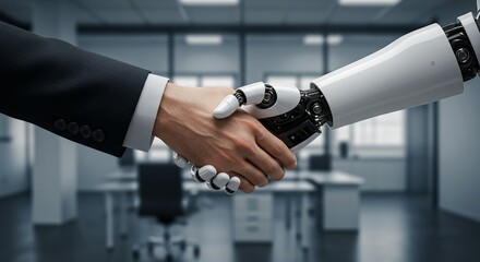 A handshake between a human in a suit and a white robot arm in an office setting showing collaboration
