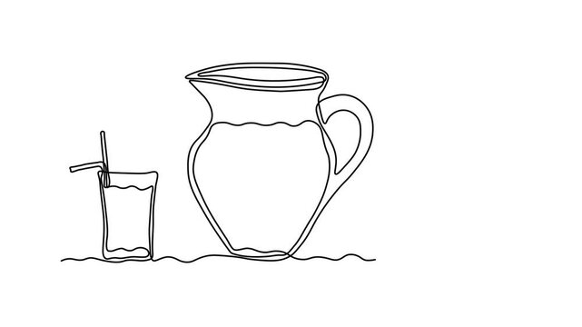 Abstract jug, pitcher for pomegranate juice and glass with straw, Self drawing animation one continuous line draw, logo