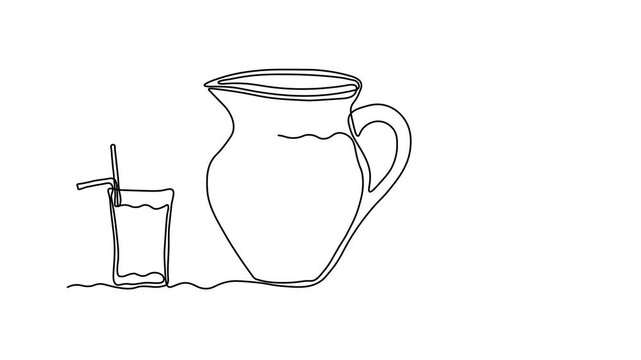 Abstract jug, pitcher for pomegranate juice and glass with straw, Self drawing animation one continuous line draw, logo