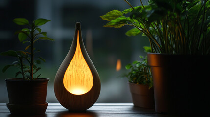 A teardrop-shaped garden lamp with wooden accents, illuminated by LED lights, sits on an outdoor table in the evening